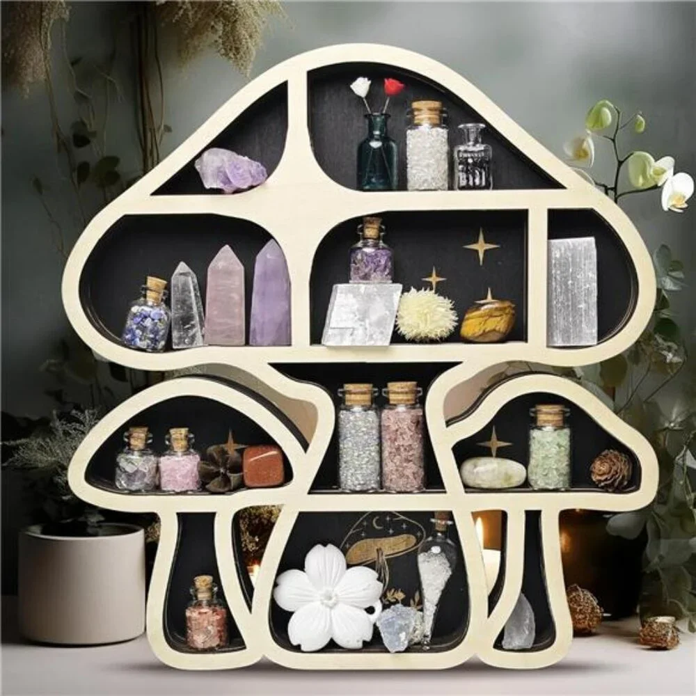 Wooden Mushroom Floating Shelf Crystal Display Wall Hanging Organizer for Decor